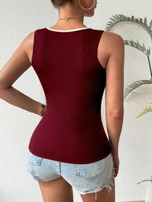 SHEIN Unity Top ajustado sin mangas con cuello en forma de corazón de color contrastante - Burdeos - Ver 2