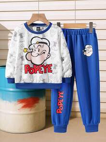 Popeye X SHEIN 2pcs/Set Young Boy Casual All-Over Print Crew Neck Long Sleeve Sweatshirt And Pants Knit Set - Blue and White - View 1