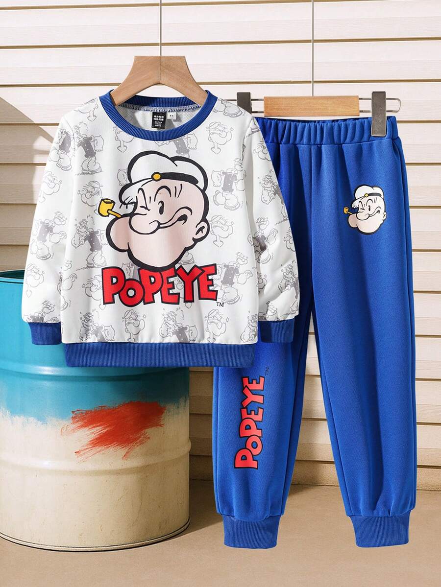 Popeye X SHEIN 2pcs/Set Young Boy Casual All-Over Print Crew Neck Long Sleeve Sweatshirt And Pants Knit Set - Blue and White - View 1