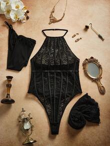 5pcs Women's Lace Backless Halter Sexy Bodysuits - Black - View 7