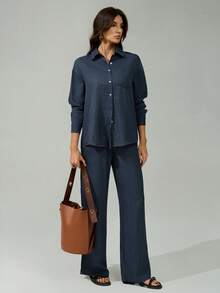 SHEIN Tall Two-Piece Women's Autumn/Winter Suit, Casual Loungewear Suit, Beach Vacation Suit - Trousers + Long-Sleeved Shirt, Elegant Suit, Music Festival Suit, Elegant Party Business Casual Suit, Tall Elegant Women's Suit, Thanksgiving Women's Suit, Dark Blue, Linen Texture, High-End, Old-Money Style, Slimming. - Blue - View 4