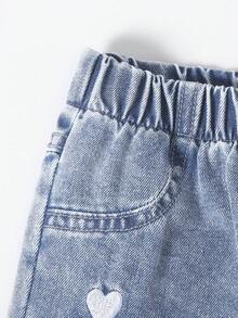 Young Girls Y2K Style New Fashion White Heart Embroidered Vintage Light Blue Loose Straight Leg Jeans, Soft & Comfortable Fabric, Casual Daily Versatile, Baby & Toddler Denim