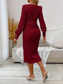 Cheriluna Maternity Váy len bà bầu, váy dài tay màu trơn, vải co giãn, thu/đông - Màu Đỏ Sâu - Xem 2