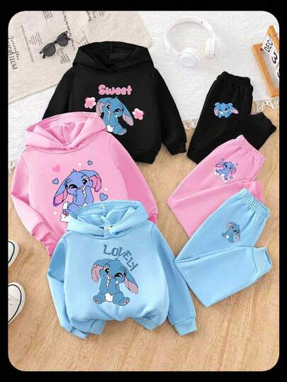 SHEIN 6 件套年轻女孩休闲可爱卡通动漫兔子露露史迪奇印花连帽衫 + 运动裤套装，蓝色、粉色、黑色，秋冬