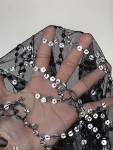 Cravure Plus Size Women's Square Neck Sequin Mesh Splice Dress, Stretchy Elegant Party Long Sleeve High Slit Mermaid Hem Gown, Autumn/Winter - Black - View 7