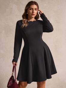 Elegantrix Gaun Mini Kasual Model A-Line dengan Bahu Terbuka dan Hem Bergelombang Ukuran Plus, Musim Gugur/Dingin - Hitam - View 4