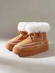 Solecia Damen Braun Neue Mode Bequeme Plüsch Dicke Sohle Warme Schneestiefel, Dicke Fütterung, Einfarbig Schnürung Dekorative Steppnaht Lässig Knöchel Stiefel, Warme Stiefel