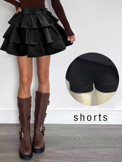 SHEIN 少女黑色PU休闲时尚简约可爱甜美蛋糕裙，内置短裤，Y2K