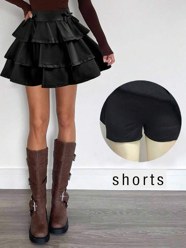 SHEIN 少女黑色PU休闲时尚简约可爱甜美蛋糕裙，内置短裤，Y2K
