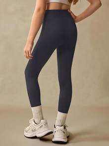SHEIN Seamluxe Sport 高腰罗纹无缝修身女童紧身裤 - 云朵般柔软，第二层肌肤般柔软，速干透气，四向弹力紧身裤，适合跑步、骑行、瑜伽、泡菜球运动、休闲，黑色 - 深灰色 - 查看 7