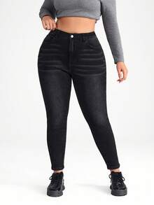 Firerie Pantalones de mezclilla negros elásticos y entallados de talla grande de 3/4