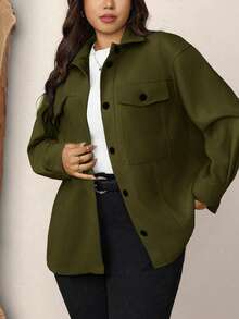 Zelara Plus Size Casual Solid Color Jacket, Autumn - Army Green - View 3