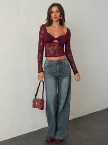 Aloruh 女装新款秋冬高街性感迷人浪漫蕾丝透视低胸圆环紧身镂空长袖 - 紅木色 - 查看 4