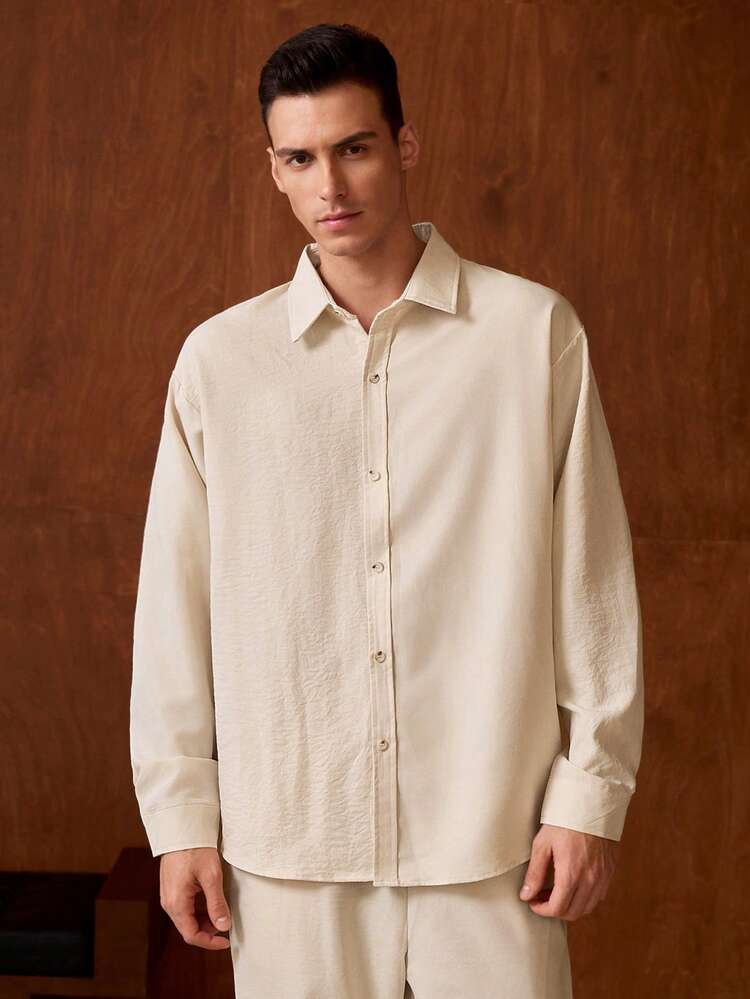 Officeau 男士休闲纯色翻领长袖全开襟衬衫配抽绳腰带长裤两件套，百搭必备商务套装，秋季服装，舒适休闲装，复古富贵春夏风。 - 杏色 - 查看 5