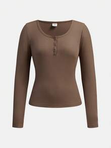 SHEIN Áo thun dệt kim dài tay màu đen trơn có khóa kéo nửa dành cho bé gái tuổi teen - Cà phê nâu - Xem 6