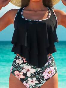 Swim Lushoire 女士热带植物印花两件套泳衣，修身显瘦，适合海滩、水疗中心和度假村 - 彩色 - 查看 2