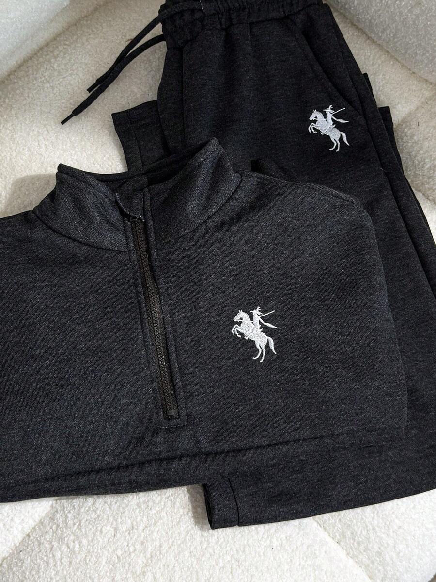 SHEIN 两件套少女休闲套装,包括一件拉链高领长袖卫衣和宽松阔腿裤,适合日常穿着和运动。 - 深灰色 - 查看 1