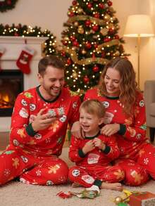 2pcs/Set Girls' Green Gingerbread Christmas Color Soft Fleece Elastic Long Sleeve Top And Pants Homewear Set Snug Fit - Red - View 3