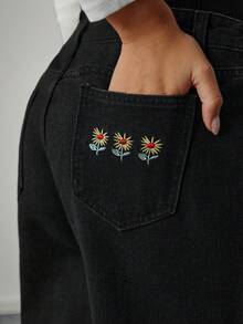 SHEIN 可调节腰围花卉刺绣宽松孕妇休闲牛仔裤 - 黑色 - 查看 5