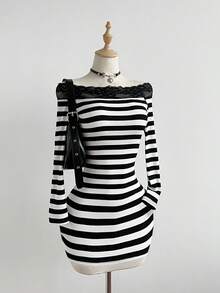 SHEIN Unity 女士优雅修身连衣裙，露肩长袖，休闲百搭通勤装，条纹面料配蕾丝边，秋冬款 - 彩色 - 查看 1