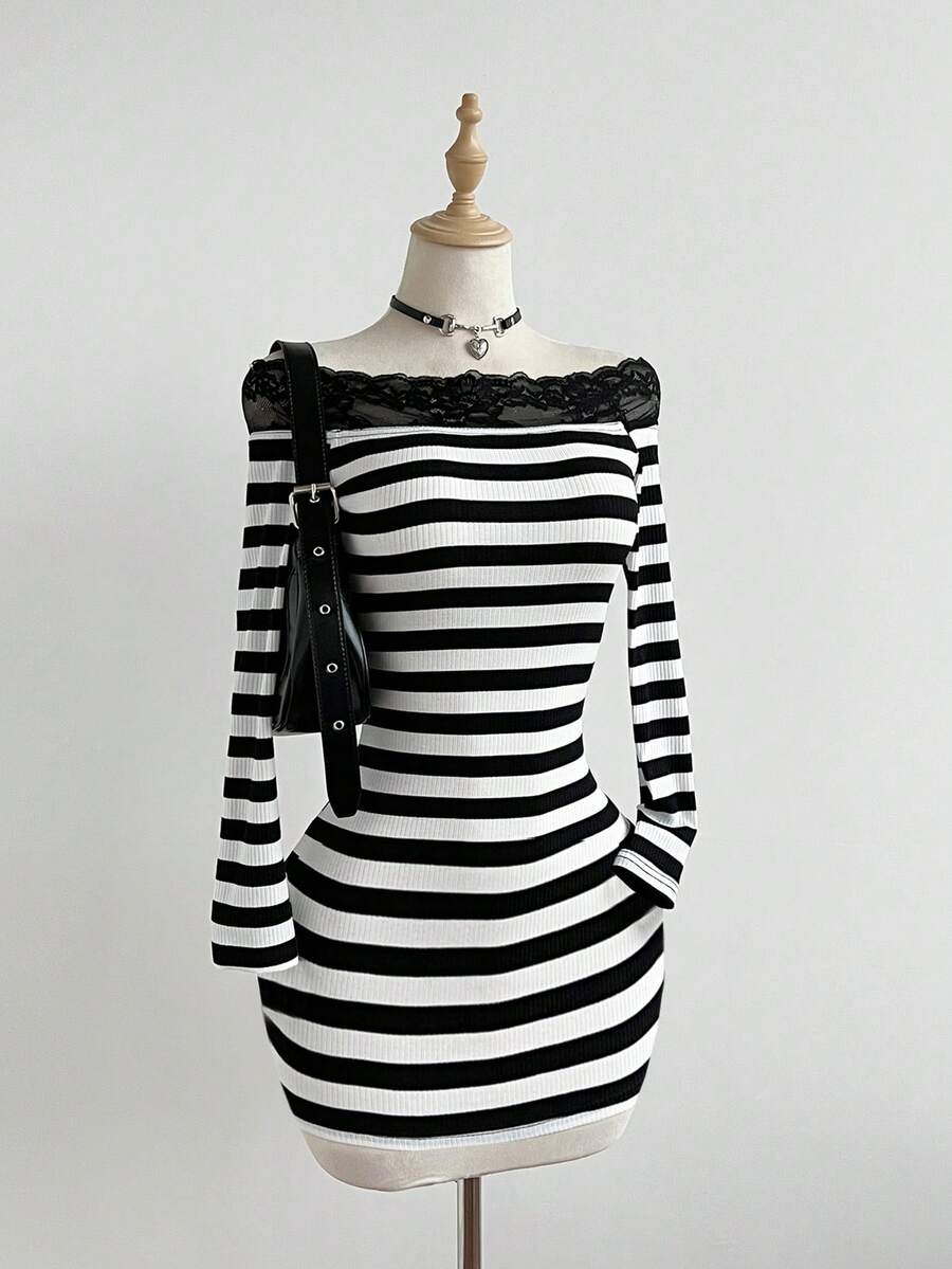 SHEIN Unity 女士优雅修身连衣裙，露肩长袖，休闲百搭通勤装，条纹面料配蕾丝边，秋冬款 - 彩色 - 查看 1