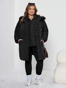 SHEIN CURVE+ 女士加大码加厚连帽抓绒外套，冬季 - 黑色 - 查看 6