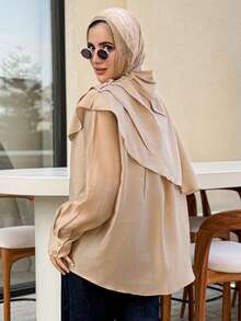 Dazy-Less 女士宽松雪纺衬衫，休闲商务办公装，长袖，披肩领，适合春、夏、秋季穿着。 - 杏色 - 查看 11