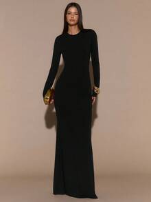 SHEIN BAE 纯棕色长袖性感露背修身优雅超长鱼尾连衣裙，优雅连衣裙，秋冬季超长针织连衣裙 - 黑色 - 查看 3