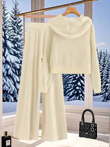 Franclia 女士休闲连帽开衫外套和阔腿裤两件套，抓绒罗纹家居服/运动服套装，秋季 - 杏色 - 查看 2