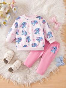 Bộ quần áo len dài tay họa tiết hoạt hình dễ thương cho bé gái sơ sinh và quần cạp chun - Hồng - Xem 6