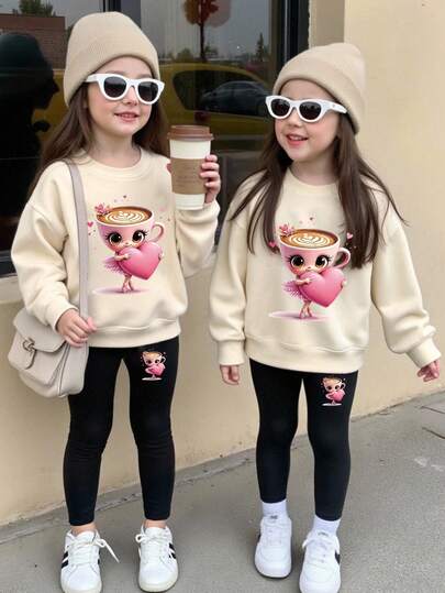 Young Girl Fluffy White Crew Neck Sweatshirt & Leggings Set