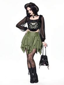 ROMWE Goth Blusa ajustada con estampado de planta de bruja y luna en las mangas tipo linterna para mujer - Negro - Ver 3