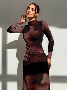 Aloruh 新款秋冬安哥拉红色扎染大理石纹印花长袖修身连衣裙，适合正式场合、约会、日常秋冬穿着、圣诞节等场合。 - 酒紅色 - 查看 5