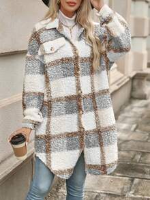 SHEIN PETITE PETITE Women's Autumn/Winter Long Sleeve Double Pocket Plaid Fluffy Jacket - Multicolor - View 3