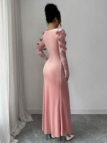 Elenzga 女士优雅时尚通勤休闲舒适迷人复古简约高端浪漫假日温柔淑女长袖蕾丝拼接天鹅绒美人鱼长裙，肩部饰有花朵，纯色 - 粉色 - 查看 2