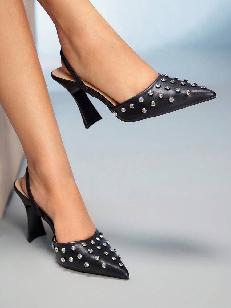 CUCCOO GRLICON Women's Black Fashionable Rhinestone Embellished High Heel Pumps