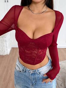 EgrlEra Modern och sexig spetskontrastnätlångärmad blus med åtsittande midja för kvinnor, höst/vinter - Bourgogne - Visa 6