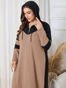 Lacomfia 休闲针织提花撞色连帽长袖宽松常规版型连衣裙，大码，春秋季 - 彩色 - 查看 3