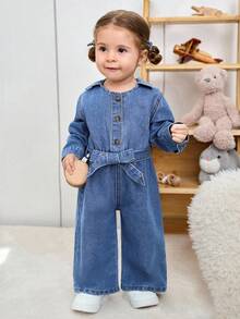 女婴蓝色牛仔连体裤（配腰带，长袖） - 中等水洗藍 - 查看 3