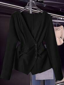 Franclia Women's Elegant Commuter Solid Color Ruched Waist Wrap Shirt - Black - View 7