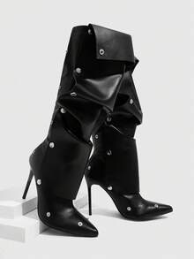 CUCCOO SZL Women's Fashion High Heel Thigh High Boots, Pointed Toe Slim Heel Ruched Tall Boots For Christmas - Black - View 3