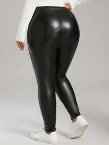 SHEIN LUNE Quần legging PU trơn màu cỡ lớn có lớp lót giữ nhiệt, ấm áp - màu đen - Xem 4