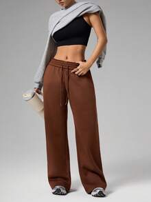 Dewbera 休闲百搭棕色阔腿宽松版型腰部抽绳设计运动裤 - 咖啡棕 - 查看 7