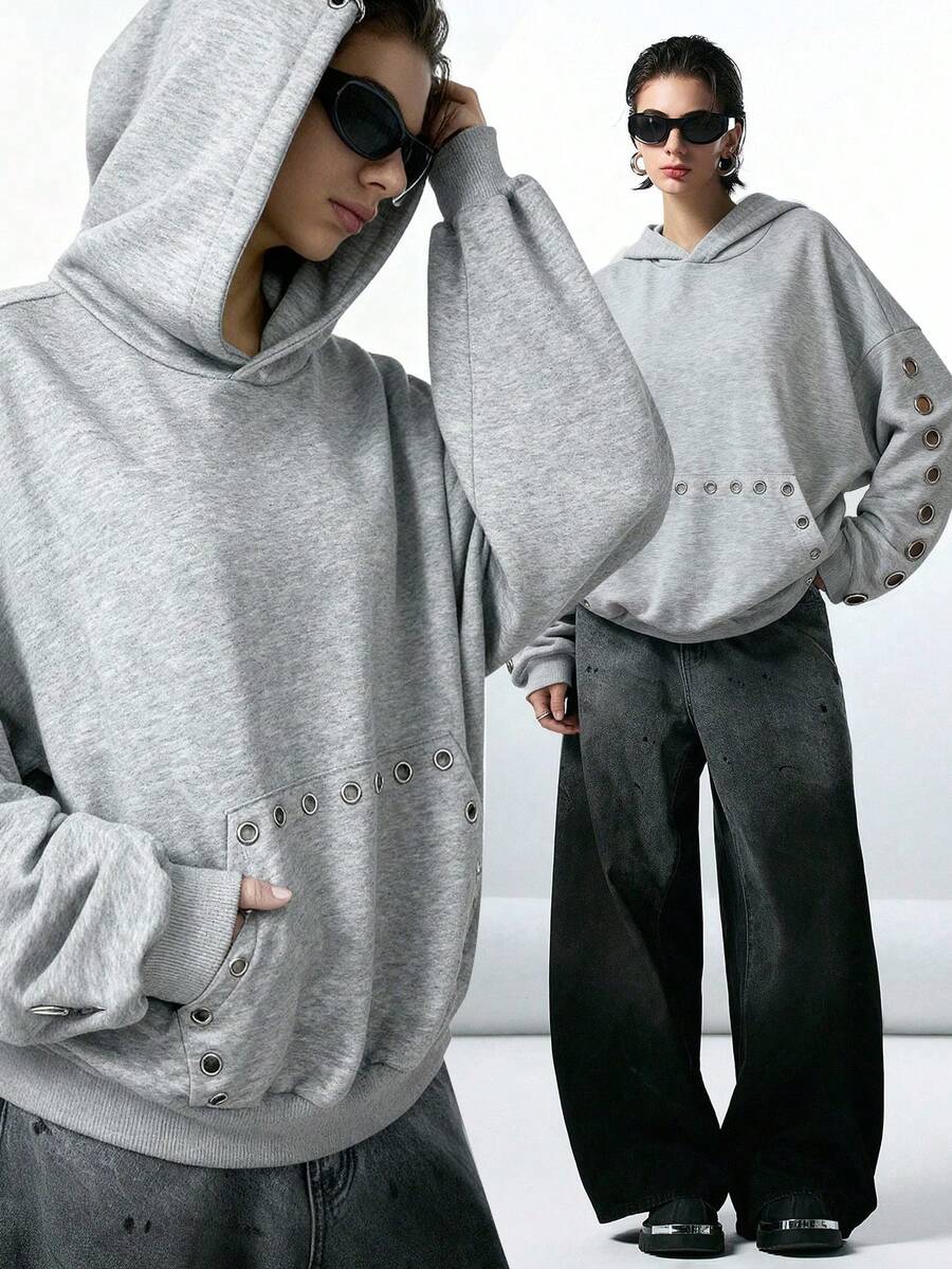 LYSMO 2025 Nueva sudadera minimalista de moda de otoño para mujer con ojetes de metal, sudadera oversize de otoño e invierno de color gris claro, sudadera estilo Y2K, moda grunge y punk, ropa Y2K para conjuntos, ropa de calle y estilo de Estocolmo, disfraces de Halloween