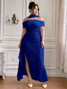 Roveilla 大码女式新款优雅飘逸露肩开衩修身浪漫露背派对连衣裙，适合派对和日常穿着 - 藍色 - 查看 6