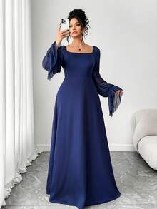 Elenzga 大码女士优雅针织网纱袖方领连衣裙，藏蓝色 - 藏蓝色 - 查看 6