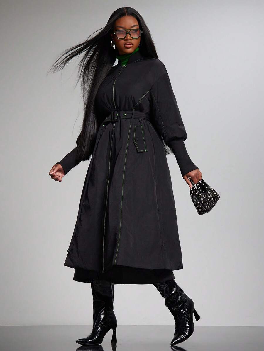 NYA SZN Jacket Outerwear Coat Bomber Jacket Trench Long Sleeve Streetwear Cool Girl Ribbed Knit Maxi Length Festive Holiday Valentines Day Fall Winter Carnival Outfits For Women - Black - View 1