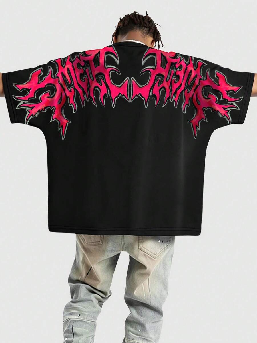 ROMWE MEN Anime 男士夏季卡通字母图案T恤 - 黑色 - 查看 1