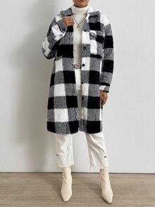 Chiquease Women's Plaid Drop Shoulder Long Sleeve Single-Breasted Casual Fleece Jacket, Autumn/Winter - Black and White - View 7