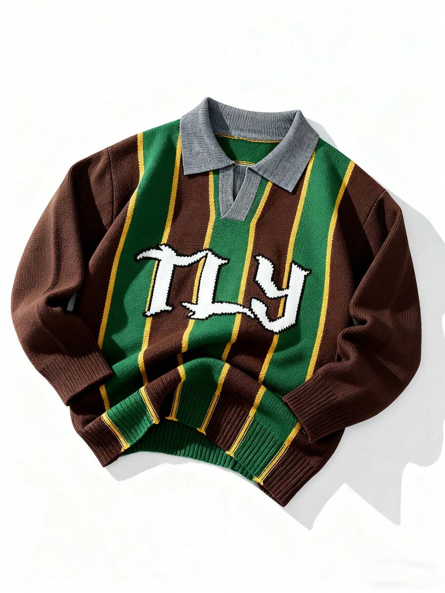 Manfinity EMRG Men's Striped & Letter Pattern Long Sleeve Pullover Sweater, Fall/Winter 90s Sporty Sweater Men Jerseys For Men Y2k Brown Jerseys Rugby Shirt - Coffee Brown - View 1